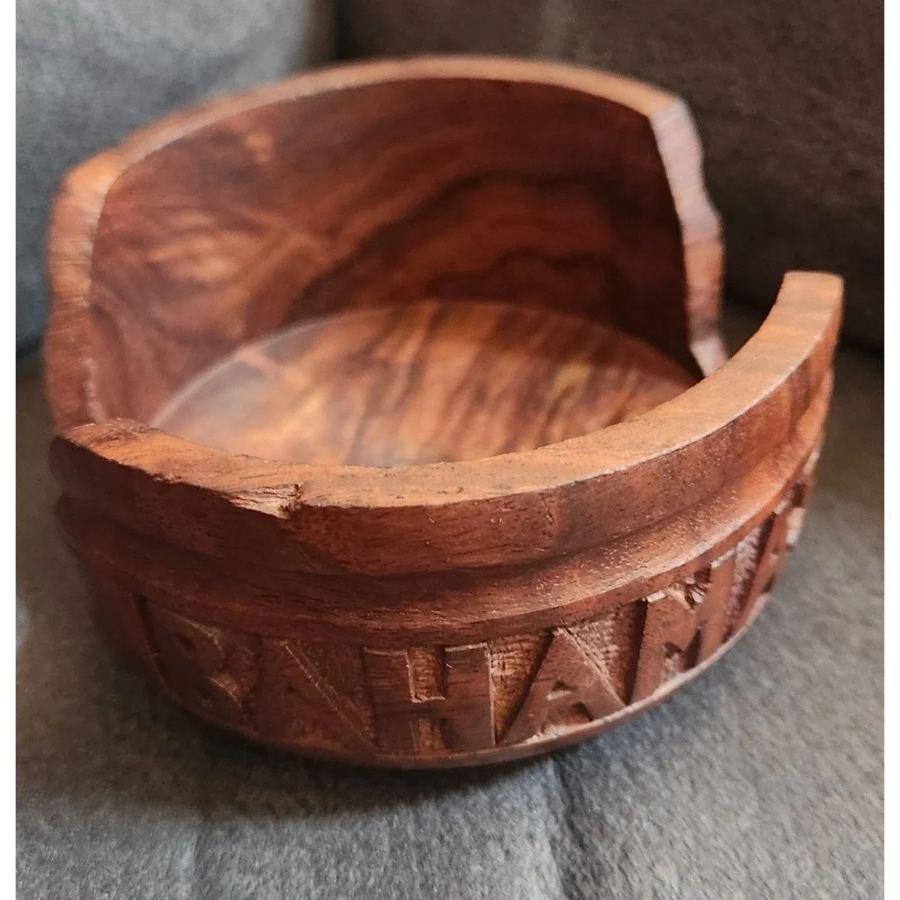 Vintage Hand Carved Wood Bahamas Souvenir Coaster Holder Inlay Tropical Decor